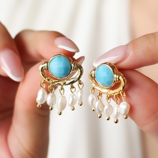 Boucles d'oreilles - Laiton plaqué or, opale & perle