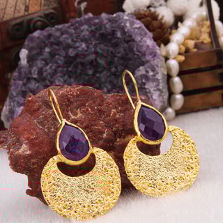 Boucles d'oreilles - Laiton plaqué or & améthyste