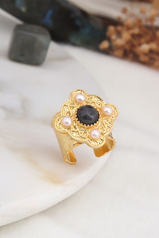 Bague - Plaqué or jaune, labradorite et perles de culture