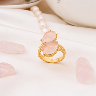 Bague ajustable - Laiton plaqué or & quartz rose