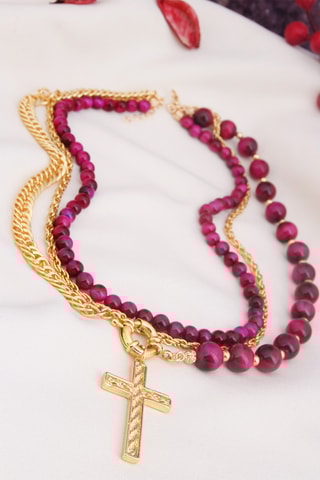 Collier multirangs - Plaqué or jaune et œils-de-tigre 