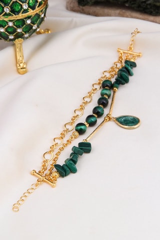 Bracelet multi-rangs doré à l'or fin jaune - Malachites