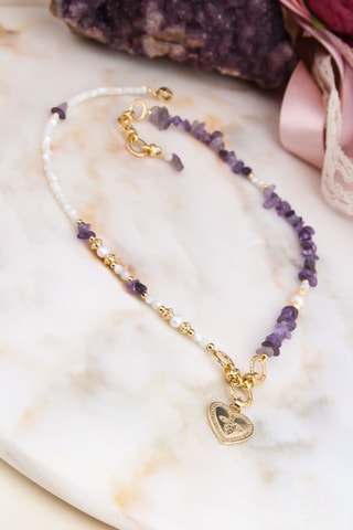 Collier - Plaqué or jaune, améthystes et nacre