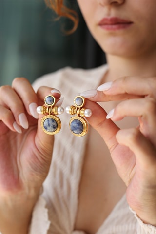 Boucles d'oreilles dorées à l'or fin jaune - Perles et saphirs