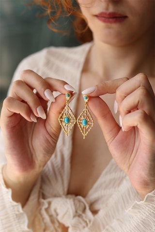 Boucles d’oreilles dorées à l'or fin jaune - Turquoises
