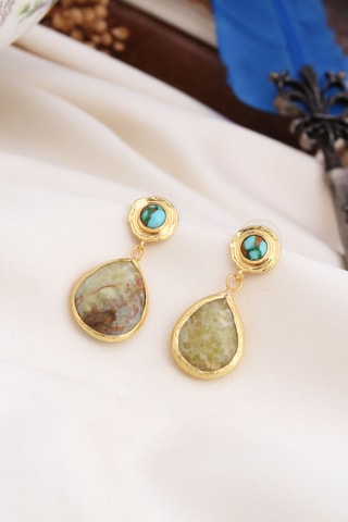 Boucles d’oreilles – Plaqué or jaune, turquoises et agates