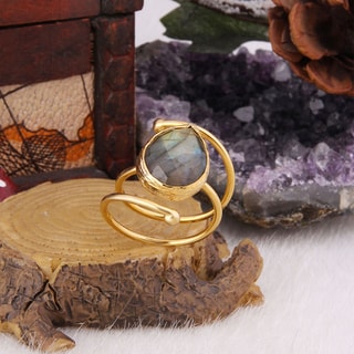 Bague ajustable - Laiton plaqué or & labradorite