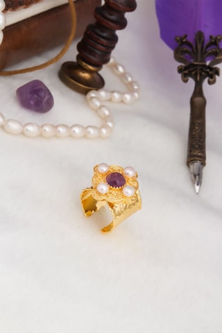 Bague - Plaqué or jaune, améthyste et perles de culture 