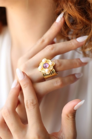 Bague - Plaqué or jaune, améthyste et perles de culture 