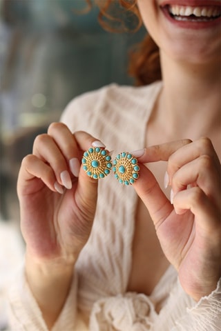 Boucles d’oreilles dorées à l'or fin jaune - Turquoises