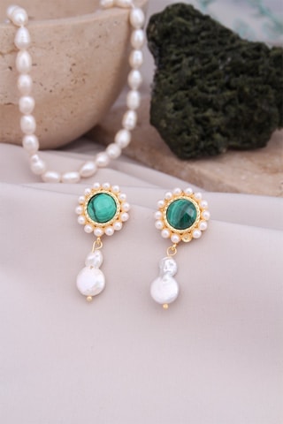 Boucles d’oreilles dorées à l'or fin jaune - Malachites et perles de culture