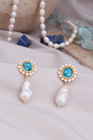 Boucles d’oreilles dorées à l'or fin jaune - Turquoises et perles de culture