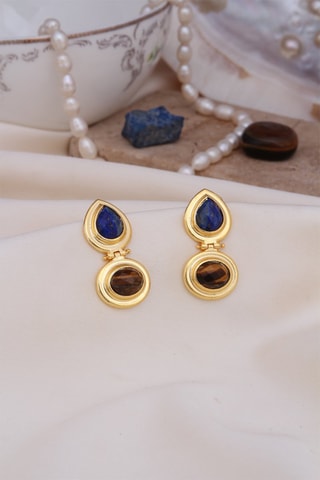 Boucles d’oreilles dorées à l'or fin jaune - Oeils-de-tigre et lapis-lazuli