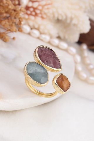 Bague - Plaqué or jaune, quartz fraise, citrine et aigue-marine