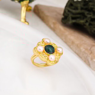 Bague ajustable - Laiton plaqué or, variscite & perle