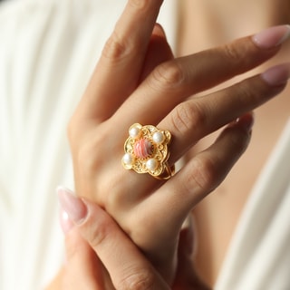 Bague ajustable - Laiton plaqué or, variscite & perle