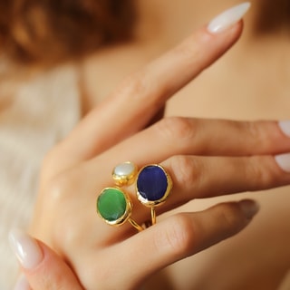 Bague - Laiton plaqué or, œil de chat & perle 