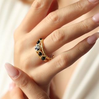 Bague ajustable - Laiton plaqué or, rutile & onyx