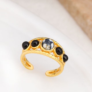 Bague ajustable - Laiton plaqué or, rutile & onyx