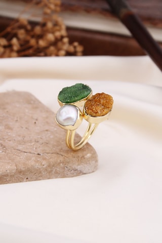Bague - Plaqué or jaune et quartz et perle de culture