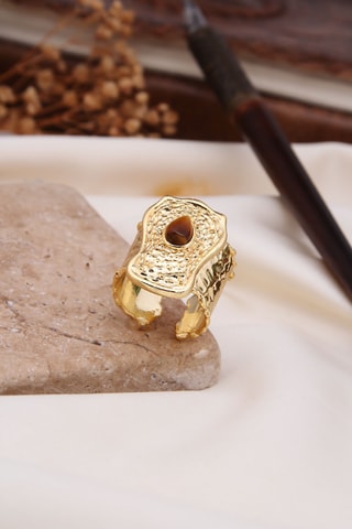 Bague - Plaqué or jaune et œil-de-tigre