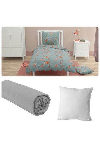Conjunto de edredão e lençol-capa em algodão 57 fios/cm² com almofada Peachy - Sálvia e laranja