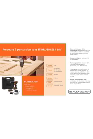 Perceuse sans fil à precussion Brushless - 18 V - Avec batterie Lithium