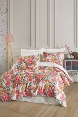 Parure de couette en coton 182 fils/m² Lotus - Rose et blanc