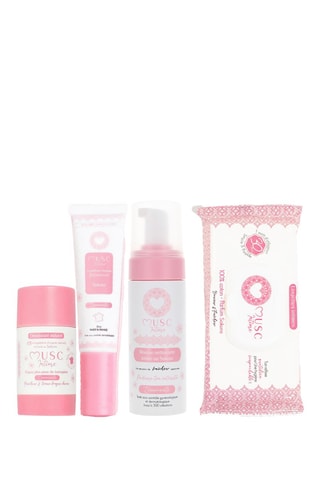 Desodorizante natural de Sakura L'Innocente - 50 g, Gel íntimo perfumado Sakura L'Innocente - 30 ml, Toalhetes íntimos Fleur de Sakura - 30 toalhetes e Espuma de limpeza íntima com Sakura L'innocente - 150 ml