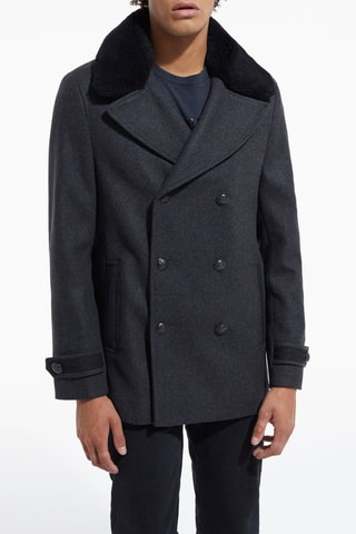 Caban en laine et fourrure de mouton - Anthracite chiné