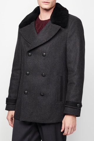 Caban en laine et fourrure de mouton - Anthracite chiné