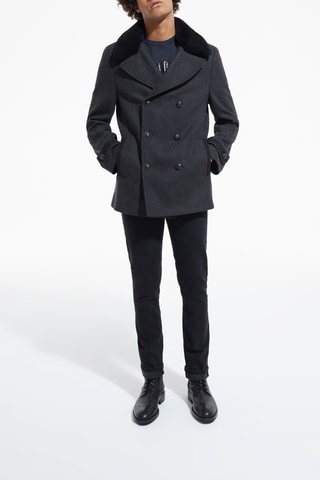 Caban en laine et fourrure de mouton - Anthracite chiné