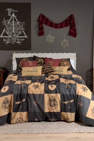 Katoenen Dekbedovertrek 175 Draad/cm² Kerstmis in Hogwarths Harry Potter - Antraciet en Goudkleurig