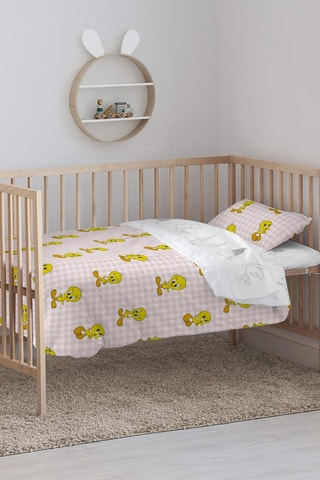 Housse de couette réversible en coton 69 fils/cm² Tweety Tom et Jerry - Rose