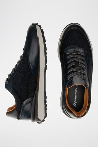 Leren en Tweed Sneakers - Marineblauw