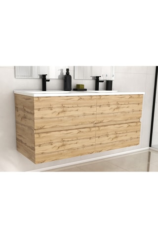 Ensemble meuble salle de bain 4 tiroirs et 2 vasques - Naturel et blanc