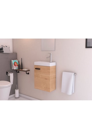 Ensemble meuble lave-main suspendu Smally et miroir - Naturel et blanc