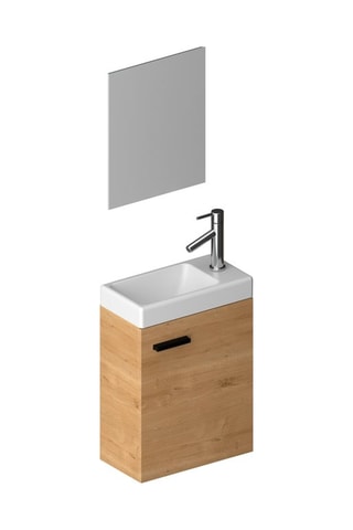 Ensemble meuble lave-main suspendu Smally et miroir - Naturel et blanc