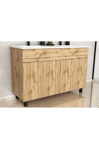 Ensemble meuble salle de bain 4 portes et vasque Imitation chêne industriel et blanc