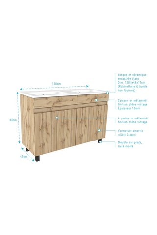 Ensemble meuble salle de bain 4 portes et vasque Imitation chêne industriel et blanc