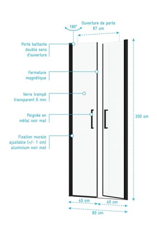 Porte de douche double battant - Transparent et noir