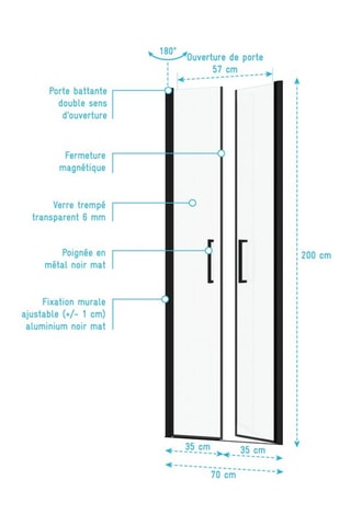 Porte de douche double battant - Transparent et noir