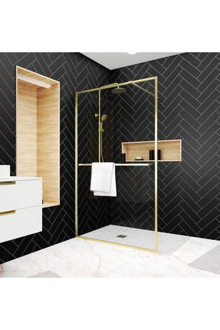 Paroi de douche avec porte-serviette et étagère - Doré brossé
