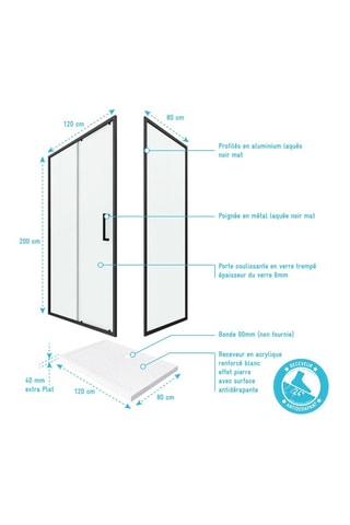 Pack porte de douche, paroi retour et receveur Crush Coulissant - Noir et blanc