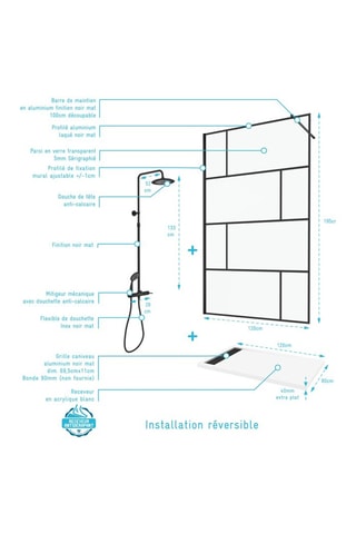 Pack paroi de douche, receveur et colonne de douche - Noir et blanc