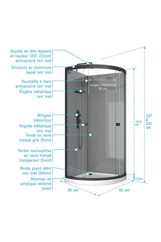 Cabine de douche quart de cercle Noir
