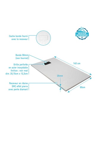 Receveur et grille perforée Stone - Noir et blanc - 140 x 90 cm