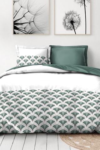 Parure de couette en percale de coton 80 fils/cm² L'élégante - Vert sapin et blanc