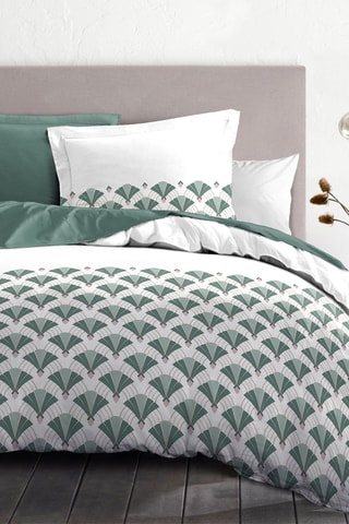 Parure de couette en percale de coton 80 fils/cm² L'élégante - Vert sapin et blanc