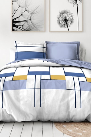 Parure de couette en percale de coton 80 fils/cm² L'intrigante - Blanc et indigo